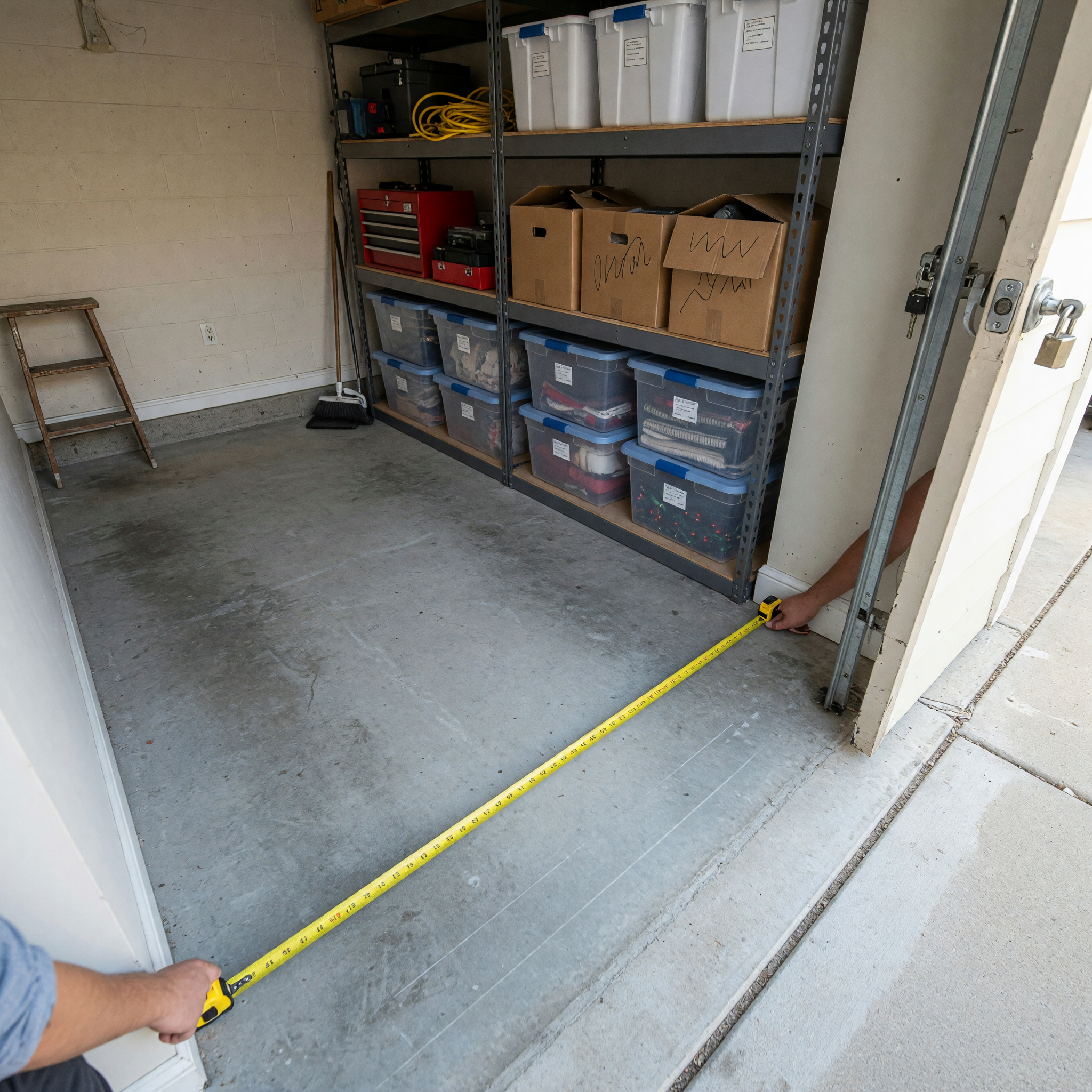 Garage storage space being measured for a rental listing