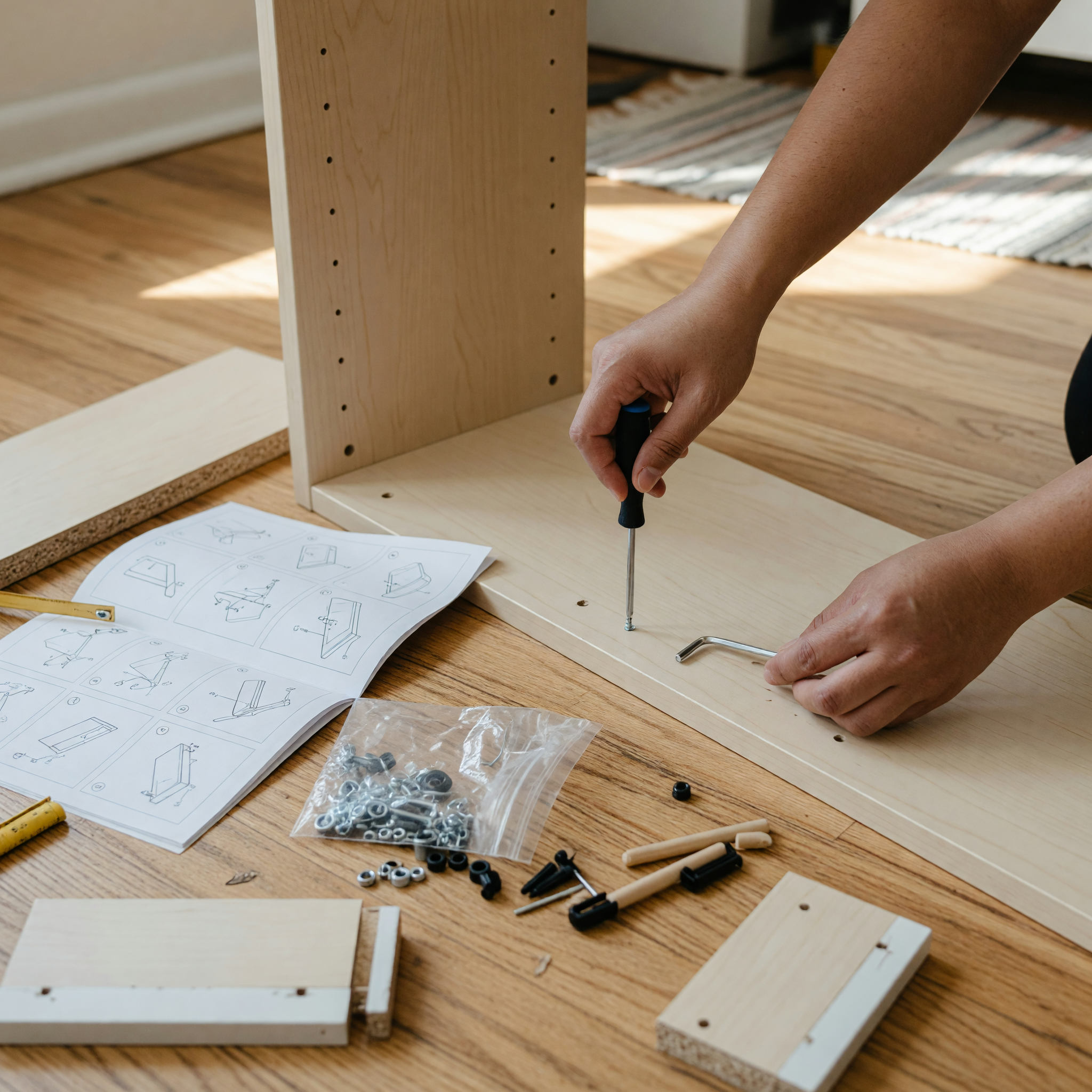 Close view of hands assembling a flat-pack bookshelf with a screwdriver and allen key, hardware and an instruction sheet on the floor