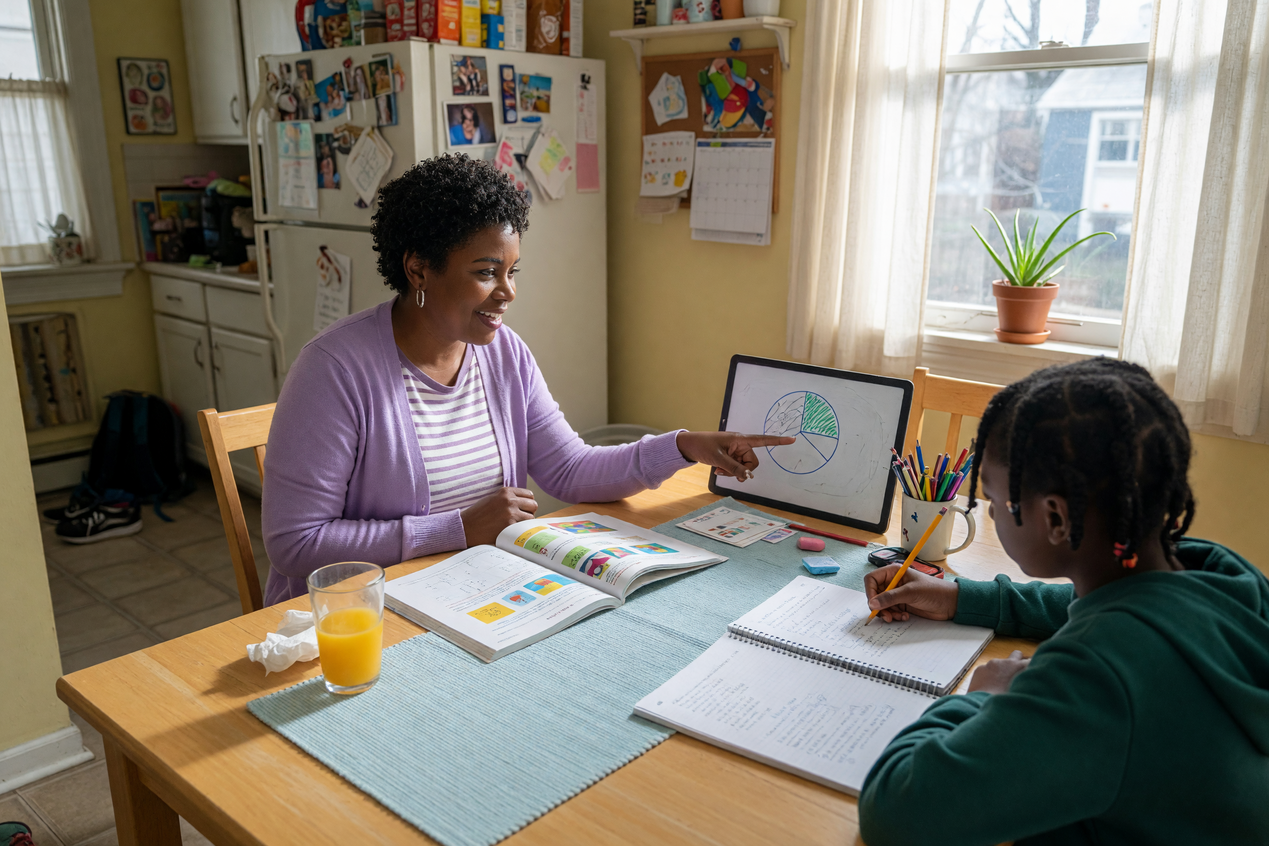 A friendly tutor pointing at a notebook beside a middle-school student at a bright home study table with textbooks and a small whiteboard