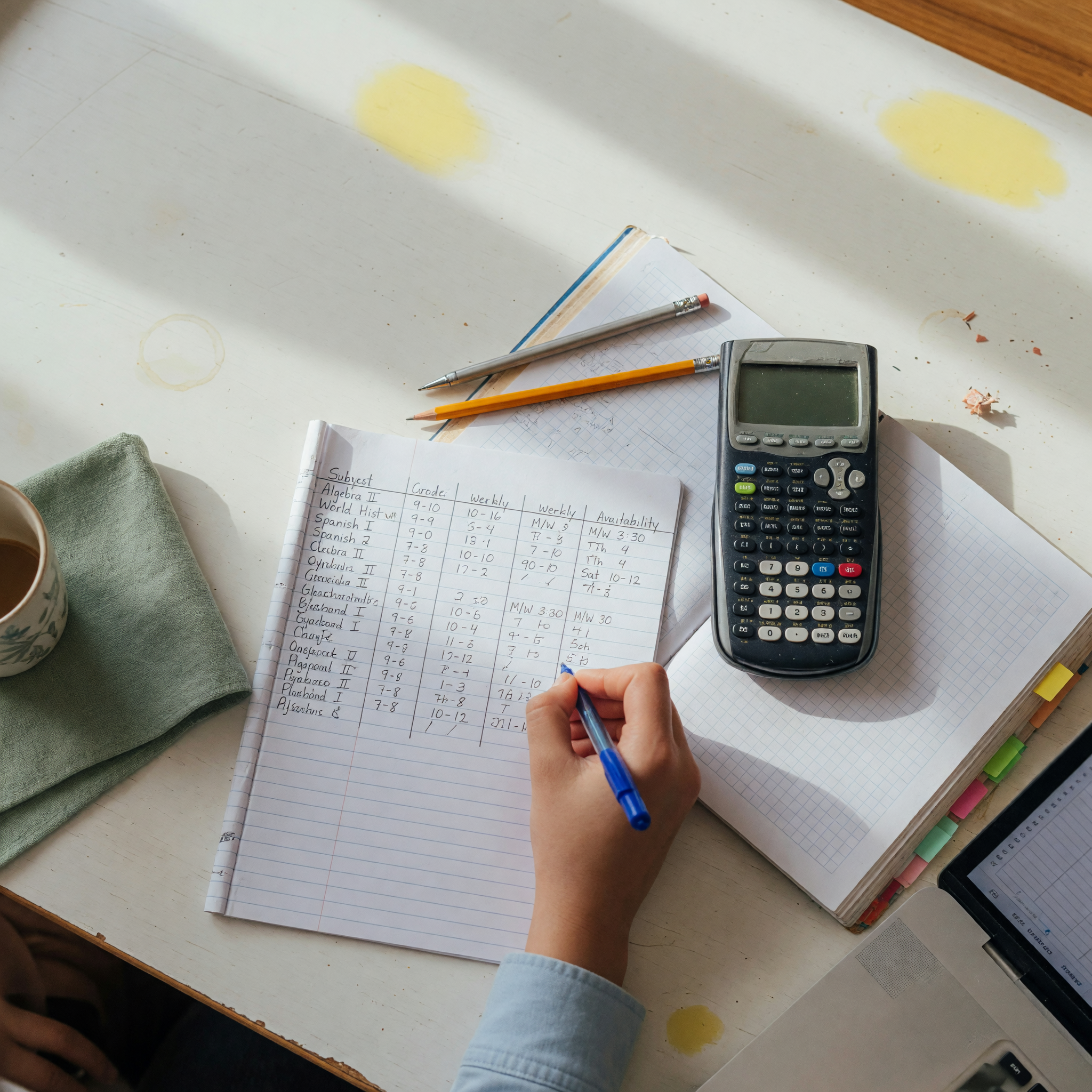 Tutor preparing a subject and availability checklist beside a workbook, calculator, pencil, and laptop on a clean study table