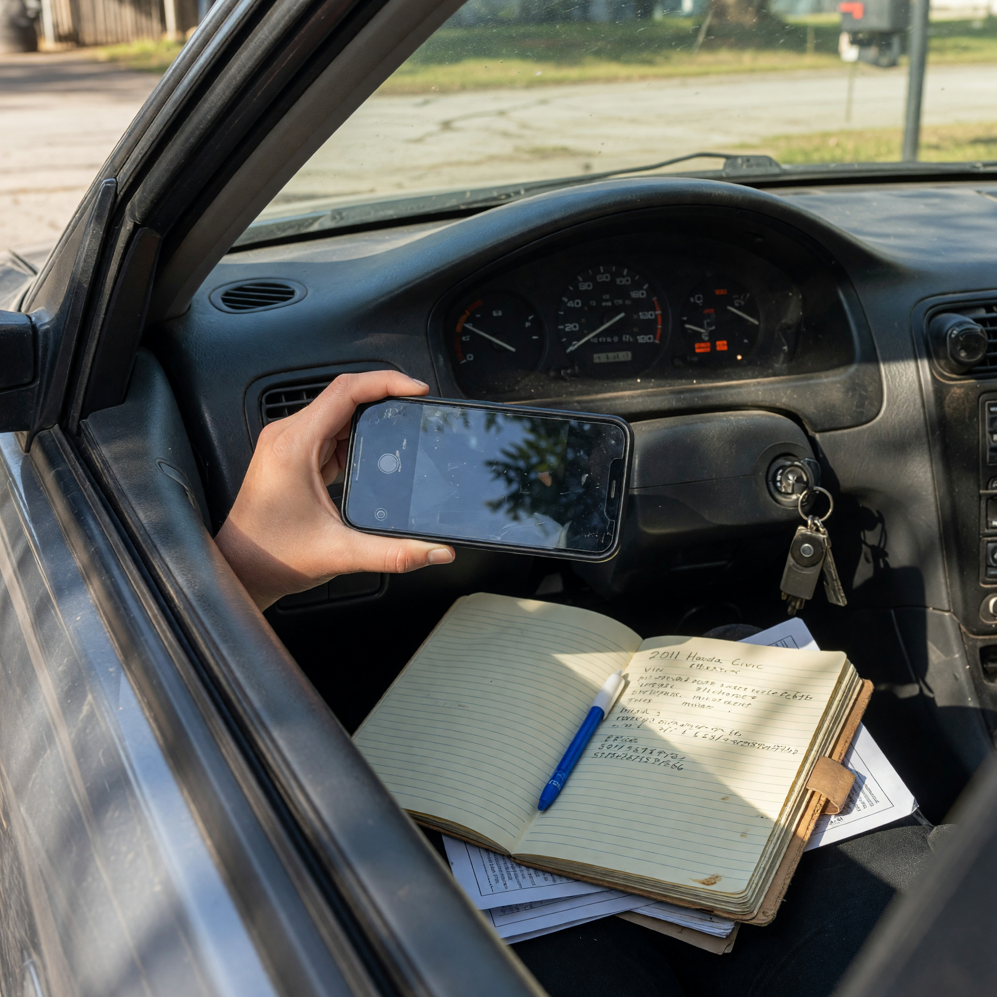 A seller photographing a used car's dashboard odometer through the driver window with a smartphone while a notebook of vehicle details rests on the seat