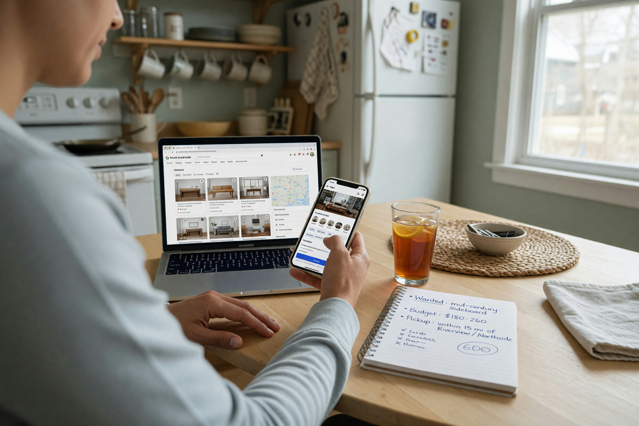 A person at a kitchen table posting a wanted request on a phone, with a notepad listing the item, budget, and pickup area and a laptop open to a local marketplace