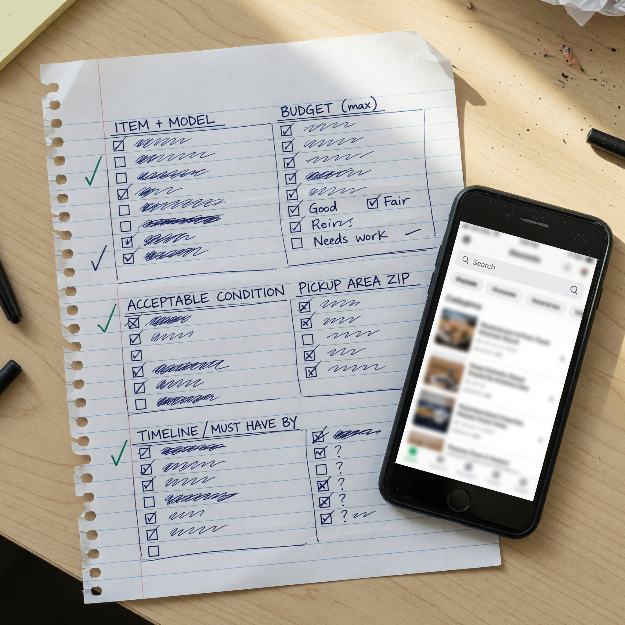 A handwritten checklist for a wanted ad with fields for item and model, budget range, acceptable condition, pickup area ZIP, and timeline, next to a smartphone showing a marketplace search box